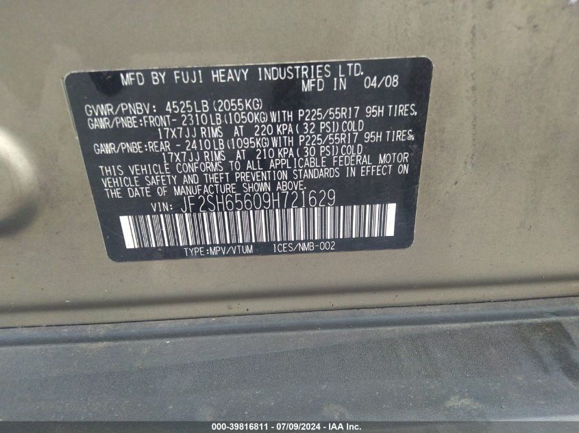 2009 Subaru Forester 2.0Xt Touring VIN: 0JF2SH65609H21629 Lot: 39816811