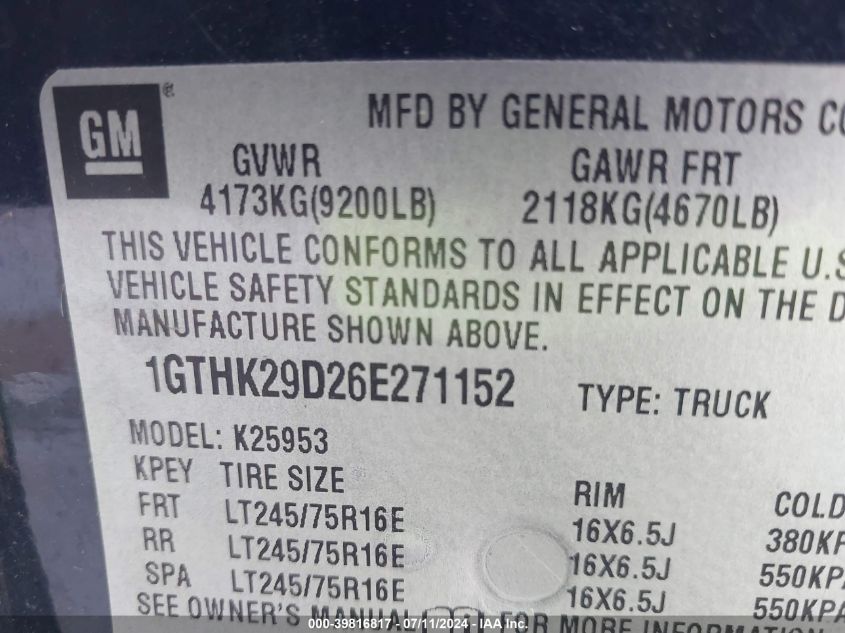2006 GMC Sierra 2500Hd Slt VIN: 1GTHK29D26E271152 Lot: 39816817