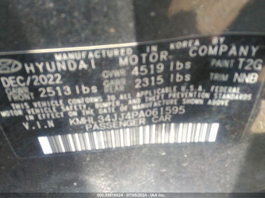 2023 Hyundai Sonata Hybrid Sel VIN: KMHL34JJ4PA061595 Lot: 39816824