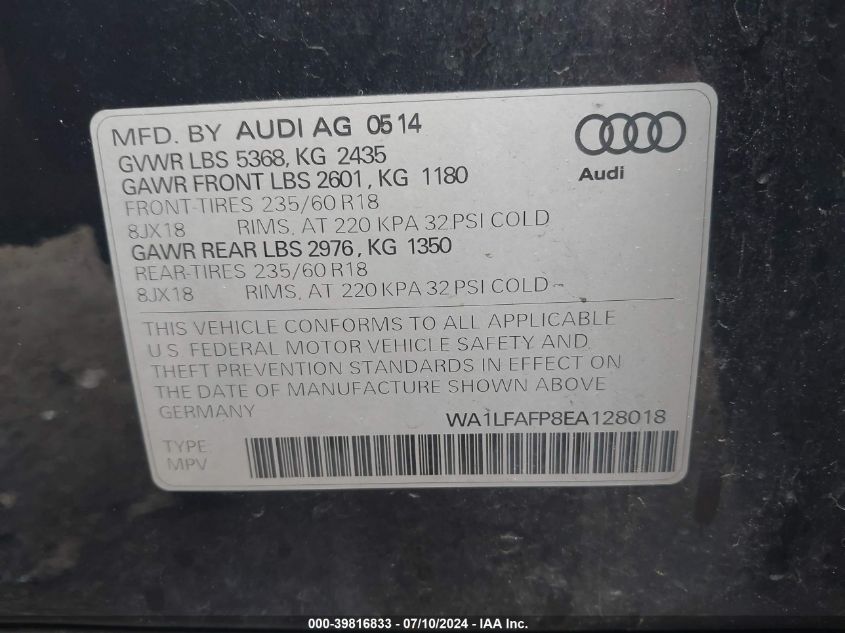 2014 Audi Q5 2.0T Premium VIN: WA1LFAFP8EA128018 Lot: 39816833