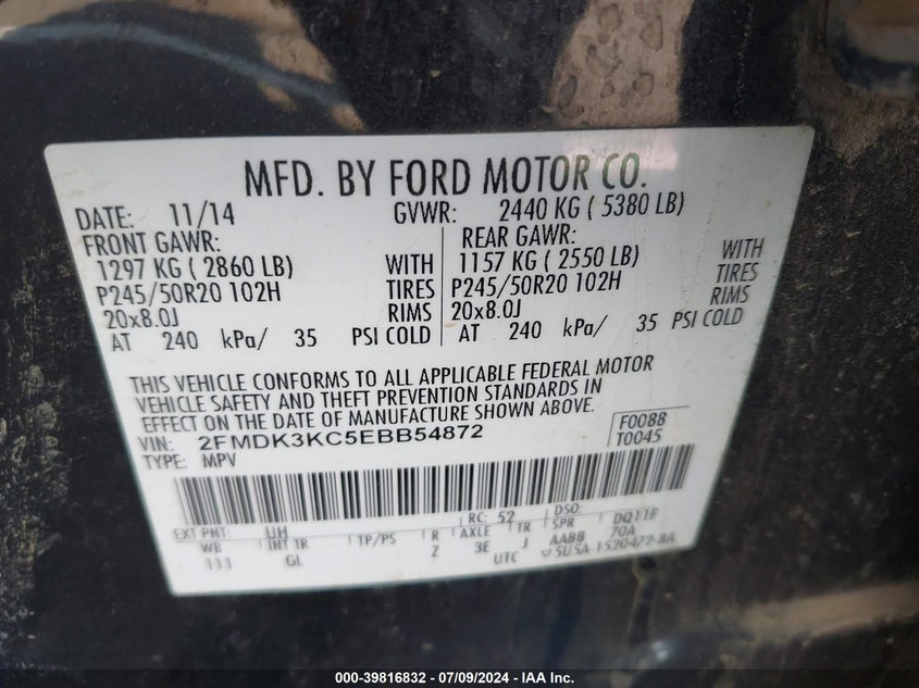 2014 Ford Edge Limited VIN: 2FMDK3KC5EBB54872 Lot: 39816832