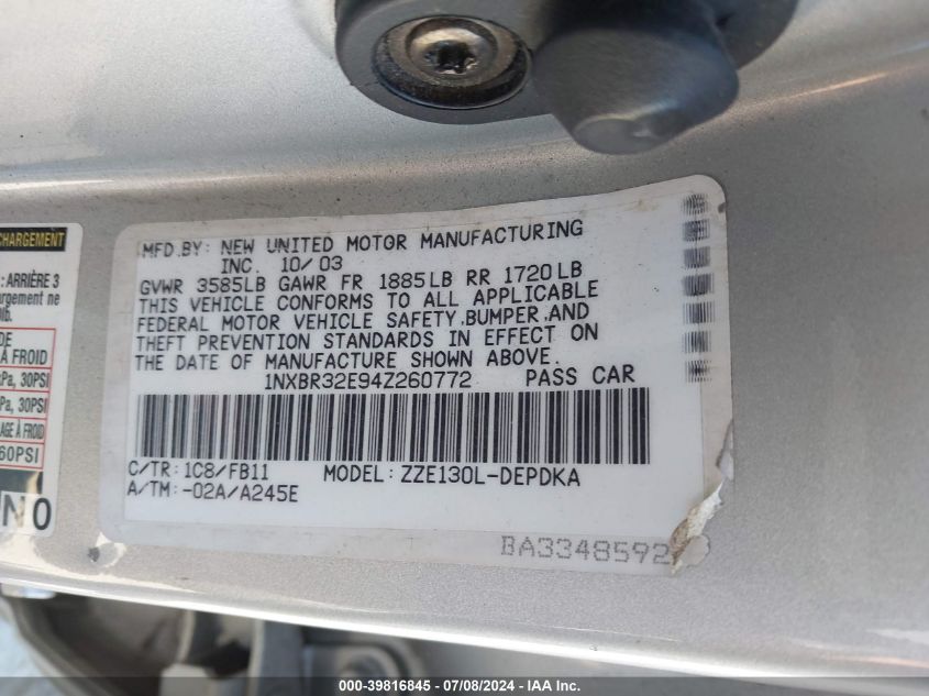 2004 Toyota Corolla Ce VIN: 1NXBR32E94Z260772 Lot: 39816845