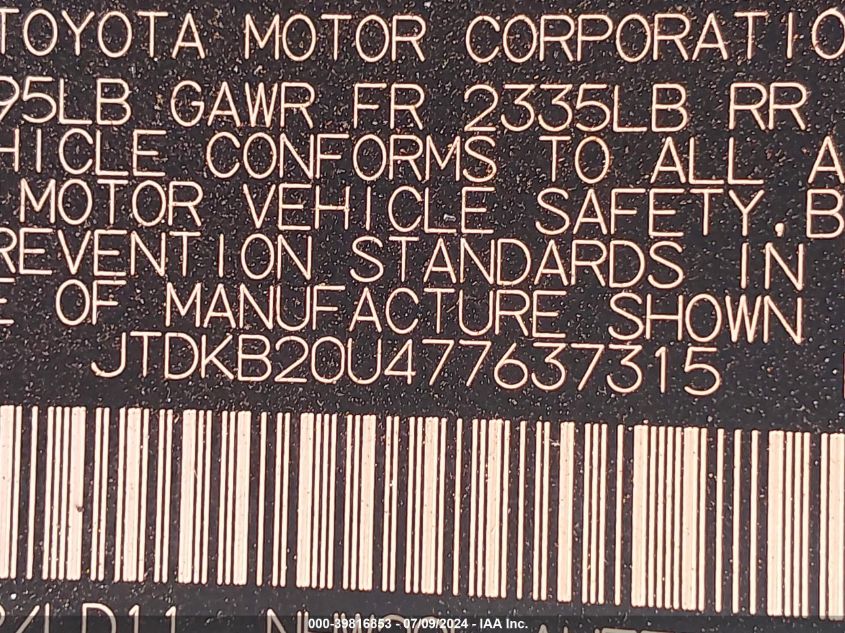 2007 Toyota Prius VIN: JTDKB20U477637315 Lot: 39816853