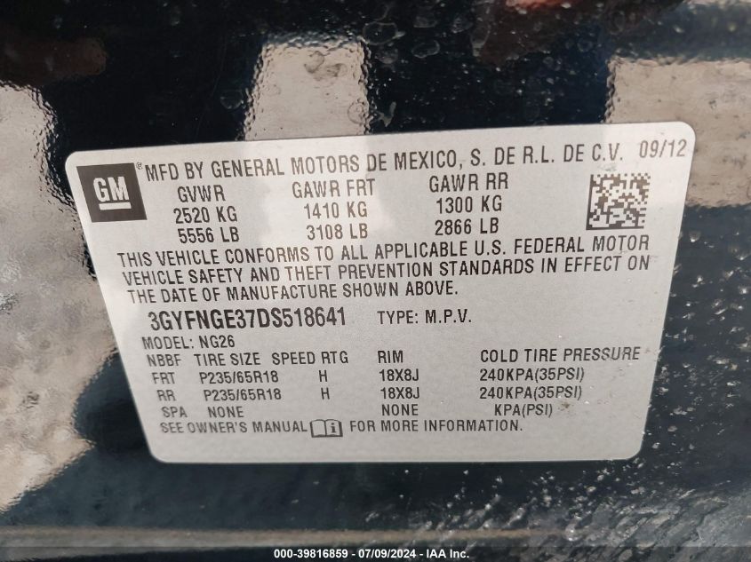 2013 Cadillac Srx Luxury Collection VIN: 3GYFNGE37DS518641 Lot: 39816859