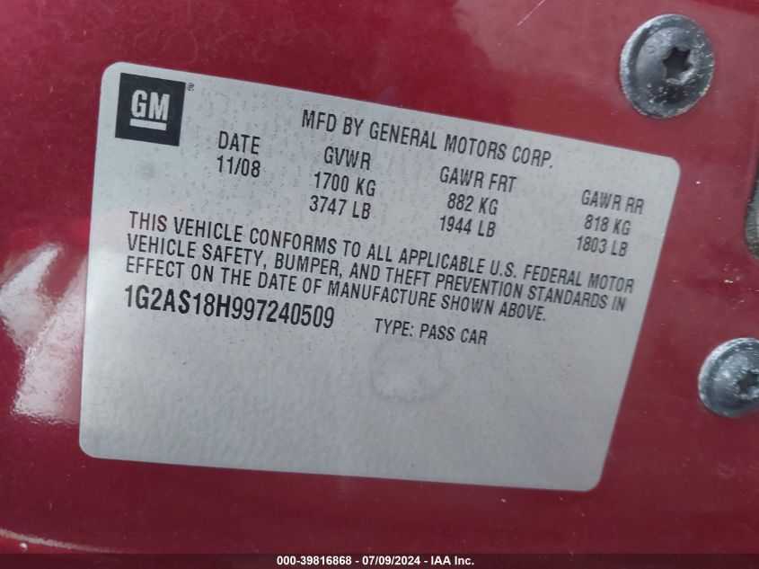 2009 Pontiac G5 VIN: 1G2AS18H997240509 Lot: 39816868