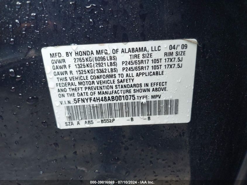 2010 Honda Pilot Ex VIN: 5FNYF4H48AB001075 Lot: 39816869