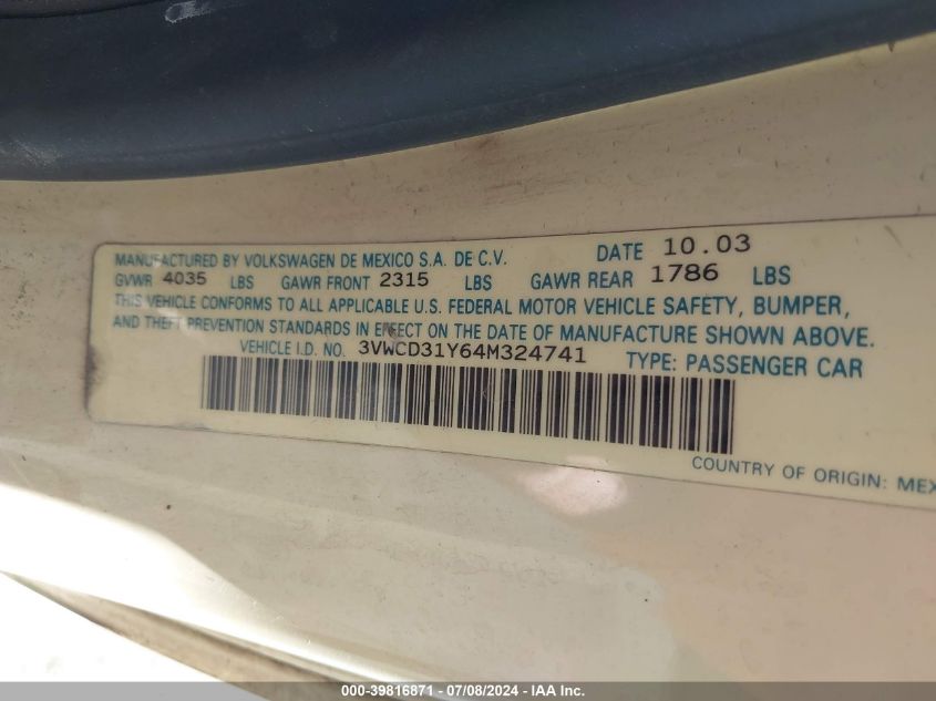 2004 Volkswagen New Beetle Gls 1.8T VIN: 3VWCD31Y64M324741 Lot: 39816871
