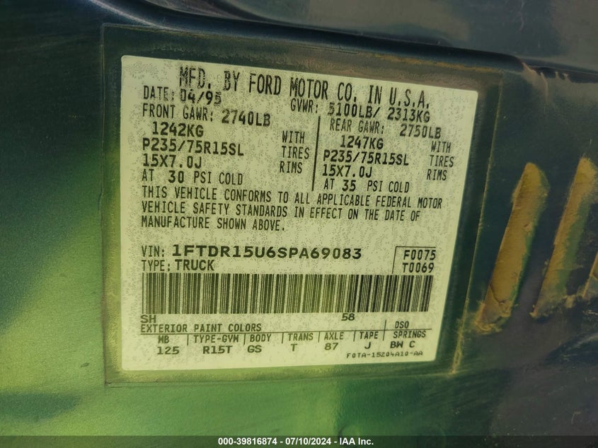 1995 Ford Ranger Super Cab VIN: 1FTDR15U6SPA69083 Lot: 39816874