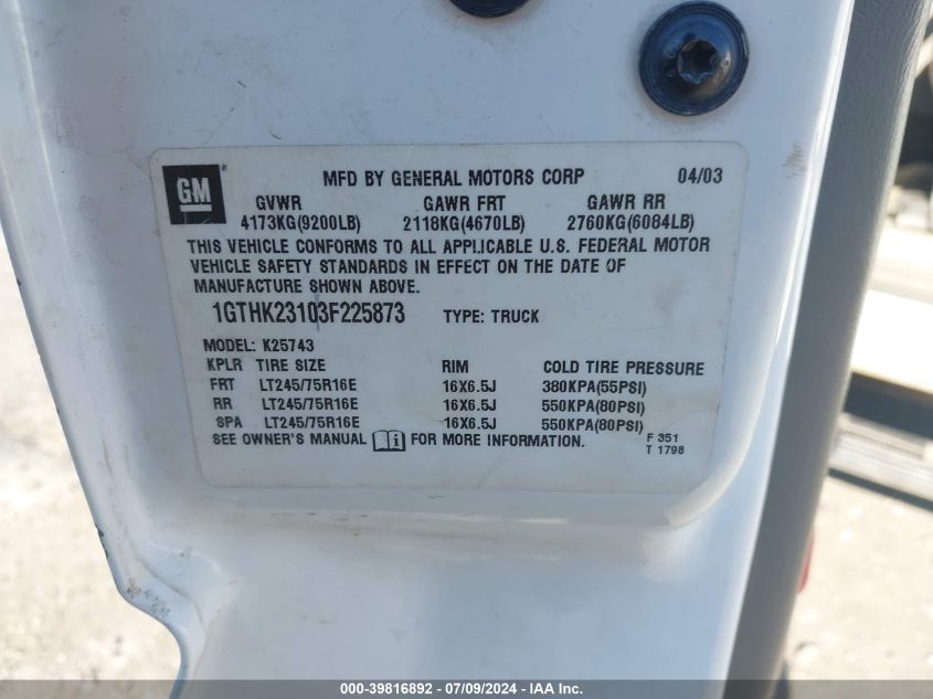 2003 GMC Sierra 2500Hd K2500 Heavy Duty VIN: 1GTHK23103F225873 Lot: 39816892