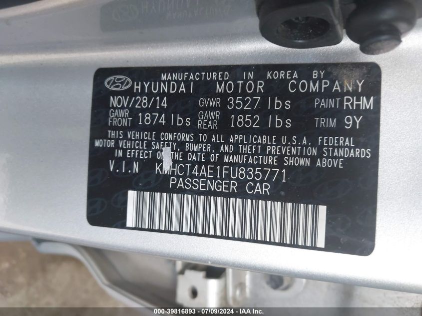 2015 Hyundai Accent Gls VIN: KMHCT4AE1FU835771 Lot: 39816893