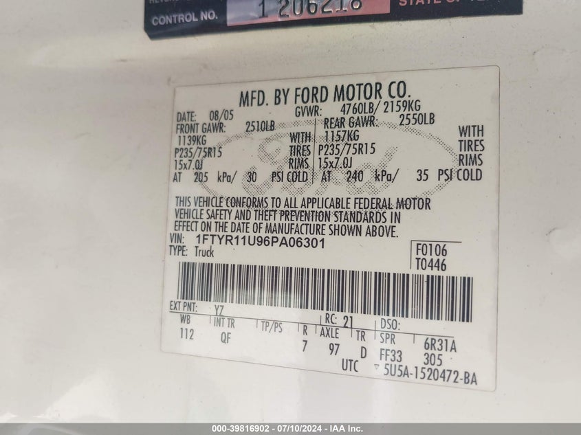 2006 Ford Ranger Sport/Xl/Xlt VIN: 1FTYR11U96PA06301 Lot: 39816902