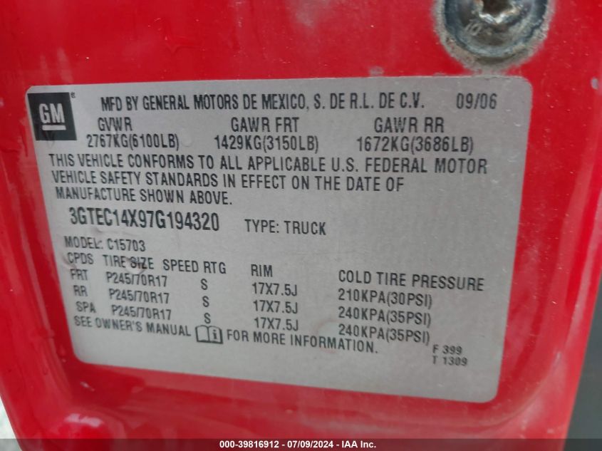 2007 GMC Sierra 1500 Classic Work VIN: 3GTEC14X97G194320 Lot: 39816912