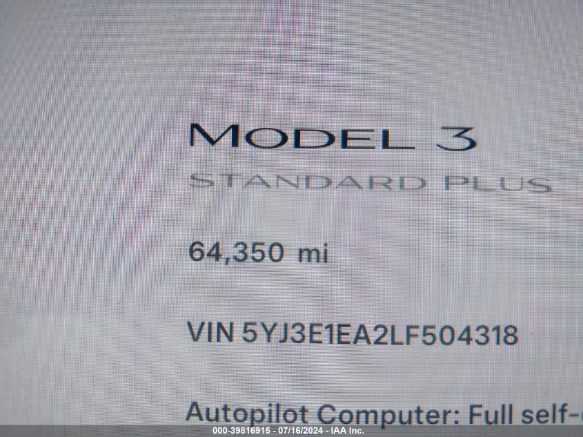 2020 Tesla Model 3 Standard Range Plus Rear-Wheel Drive/Standard Range Rear-Wheel Drive VIN: 5YJ3E1EA2LF504318 Lot: 39816915