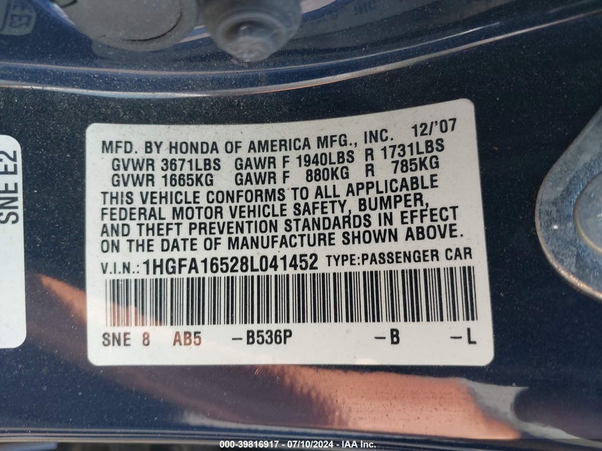 2008 Honda Civic Lx VIN: 1HGFA16528L041452 Lot: 39816917