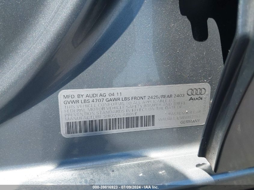 2011 Audi A4 Premium VIN: WAUAFAFL5BN052155 Lot: 39816923