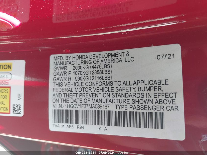 2021 Honda Accord Sport VIN: 1HGCV1F37MA089167 Lot: 39816941