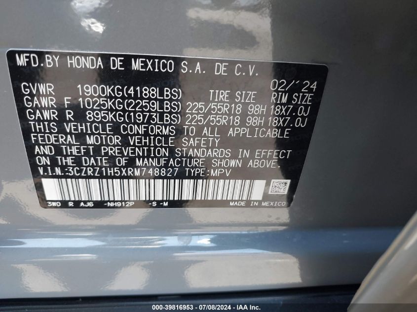 2024 Honda Hr-V 2Wd Sport/2Wd Sport W/O Bsi VIN: 3CZRZ1H5XRM748827 Lot: 39816953