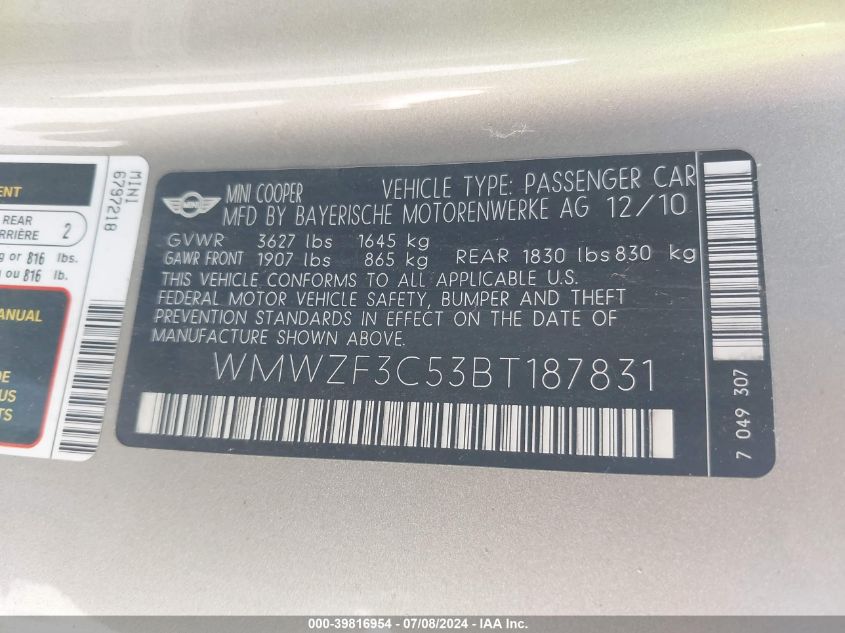 2011 Mini Cooper Clubman VIN: WMWZF3C53BT187831 Lot: 39816954