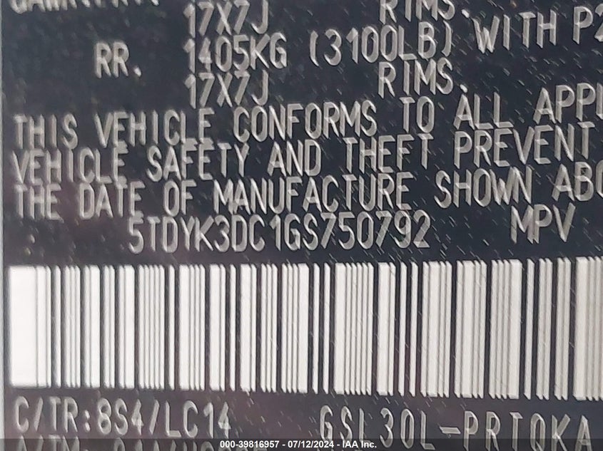 2016 Toyota Sienna Xle 8 Passenger VIN: 5TDYK3DC1GS750792 Lot: 39816957