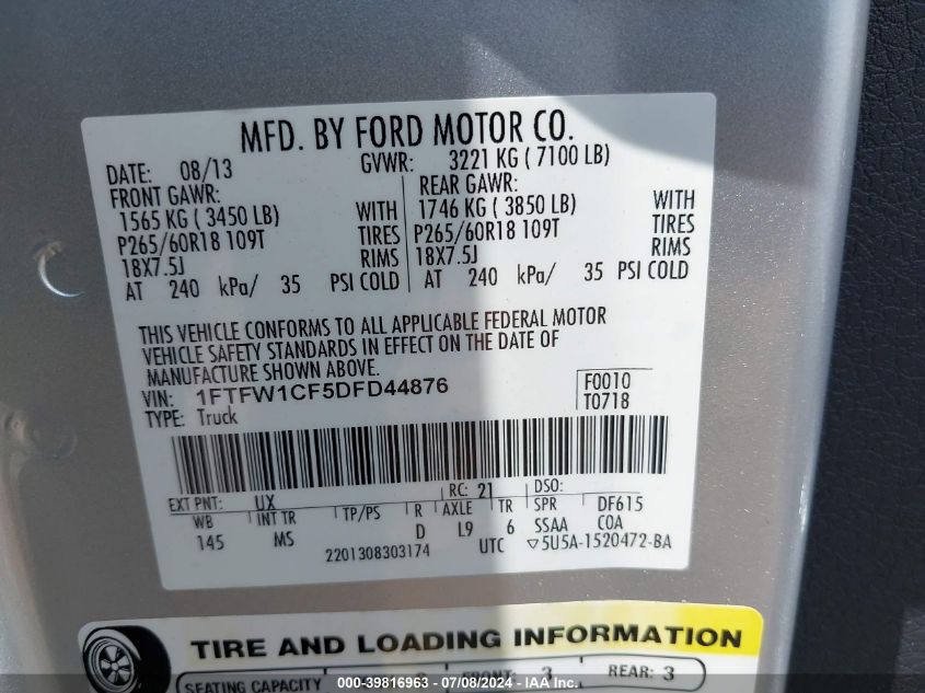 2013 Ford F-150 Xlt VIN: 1FTFW1CF5DFD44876 Lot: 39816963