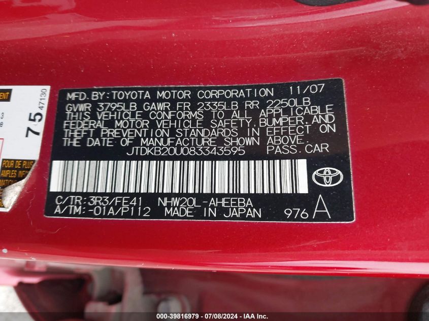 2008 Toyota Prius VIN: JTDKB20U083343595 Lot: 39816979