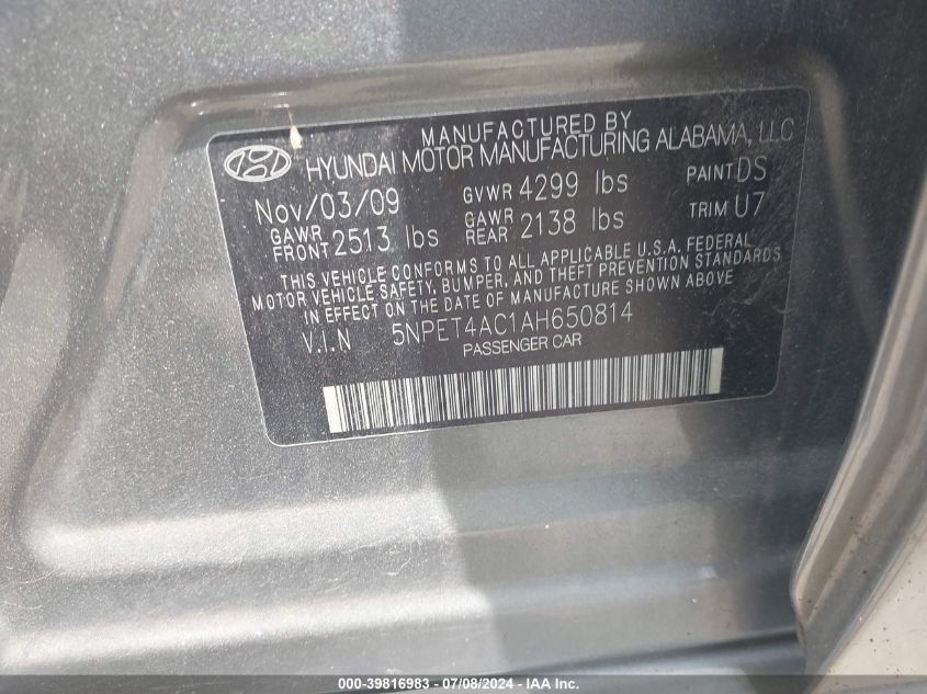 2010 Hyundai Sonata Gls VIN: 5NPET4AC1AH650814 Lot: 39816983