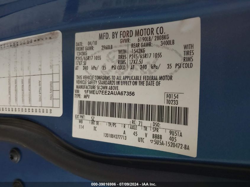 2010 Ford Explorer Eddie Bauer VIN: 1FMEU7EE2AUA67356 Lot: 39816986