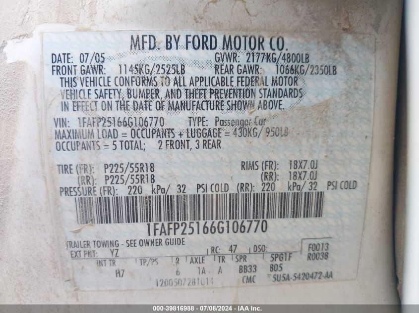 2006 Ford Five Hundred Limited VIN: 1FAFP25166G106770 Lot: 39816988