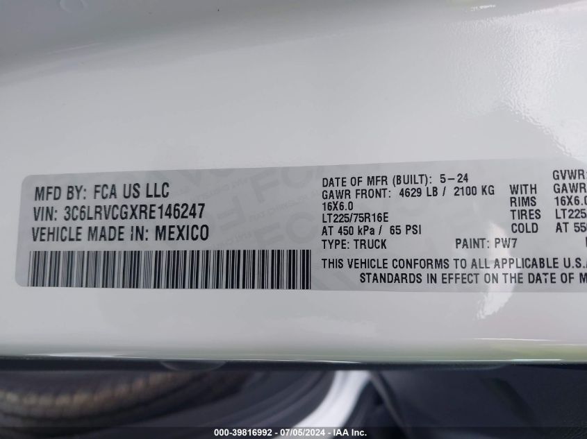 2024 Ram Promaster 2500 Tradesman High Roof 136 Wb W/Pass Seat VIN: 3C6LRVCGXRE146247 Lot: 39816992