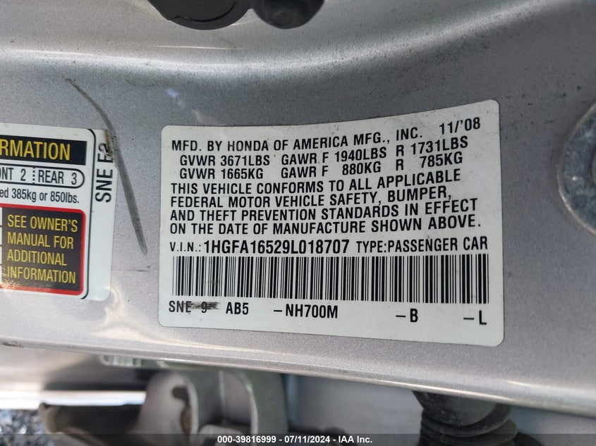 2009 Honda Civic Lx VIN: 1HGFA16529L018707 Lot: 39816999