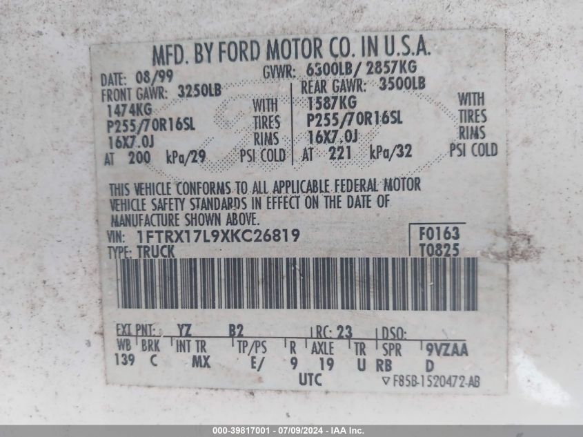 1999 Ford F150 VIN: 1FTRX17L9XKC26819 Lot: 39817001