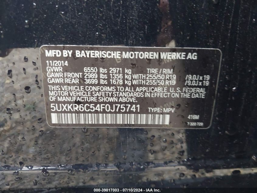 2015 BMW X5 xDrive50I VIN: 5UXKR6C54F0J75741 Lot: 39817003