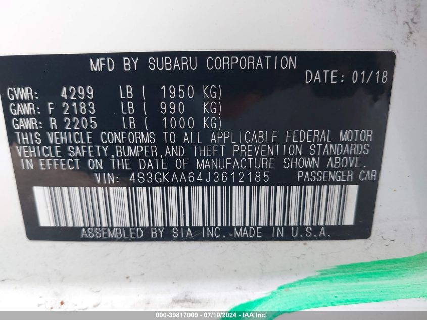 2018 Subaru Impreza VIN: 4S3GKAA64J3612185 Lot: 39817009