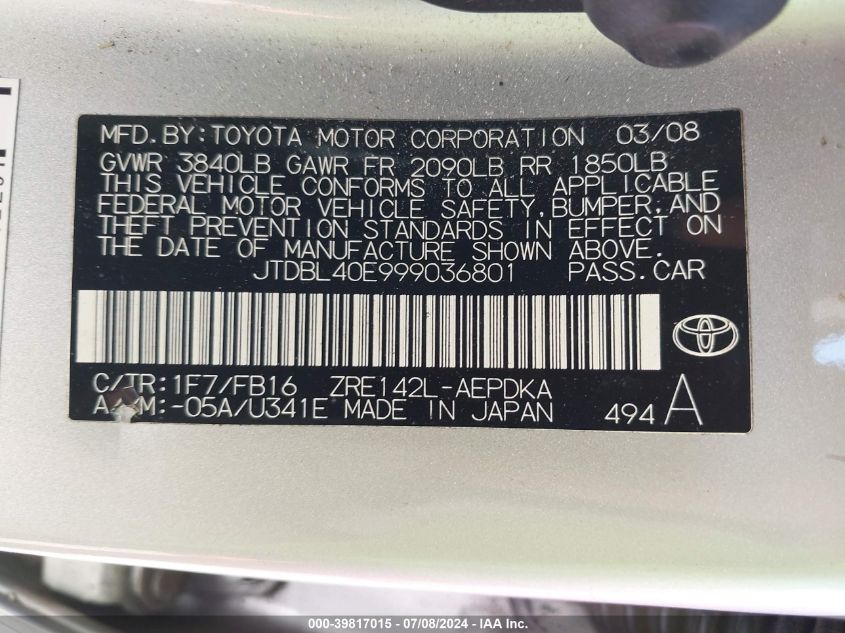 2009 Toyota Corolla Le VIN: JTDBL40E999036801 Lot: 39817015