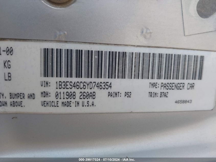 2000 Dodge Neon Es VIN: 1B3ES46C6YD746354 Lot: 39817024