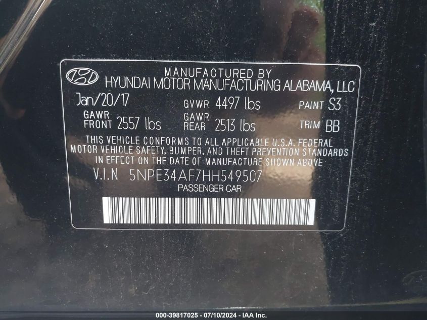 2017 Hyundai Sonata Sport/Limited VIN: 5NPE34AF7HH549507 Lot: 39817025