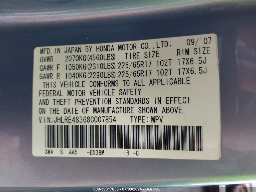2008 Honda Cr-V Lx VIN: JHLRE48368C007854 Lot: 39817036