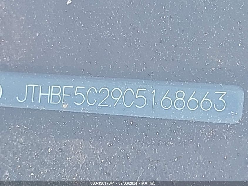 2012 Lexus Is 250 VIN: JTHBF5C29C5168663 Lot: 39817041