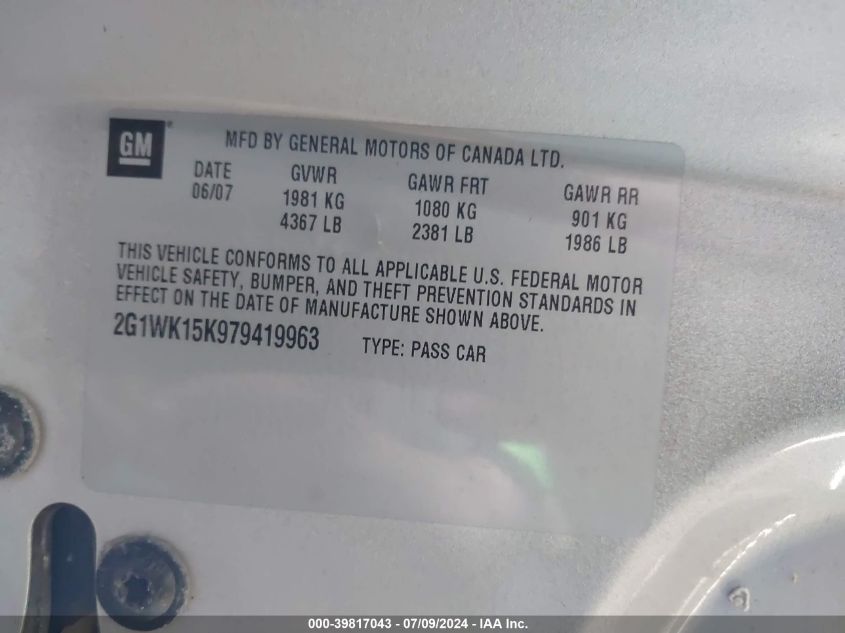 2007 Chevrolet Monte Carlo Lt VIN: 2G1WK15K979419963 Lot: 39817043