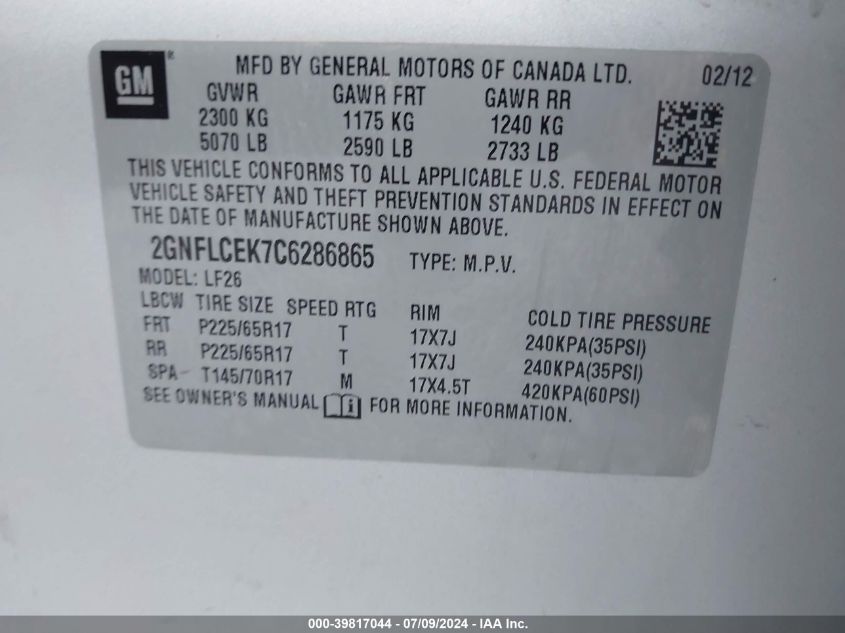 2012 Chevrolet Equinox Ls VIN: 2GNFLCEK7C6286865 Lot: 39817044