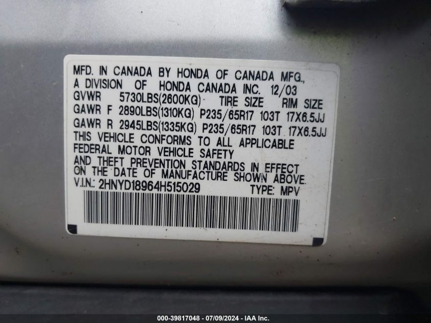 2004 Acura Mdx VIN: 2HNYD18964H515029 Lot: 39817048