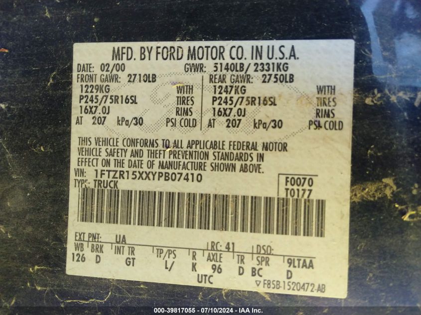 2000 Ford Ranger Super Cab VIN: 1FTZR15XXYPB07410 Lot: 39817055