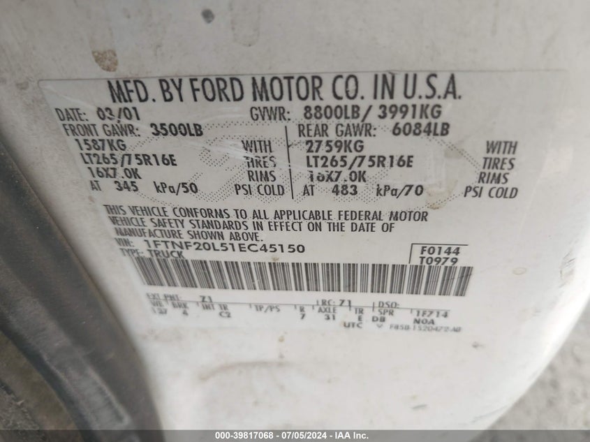 2001 Ford F-250 Xl/Xlt VIN: 1FTNF20L51EC45150 Lot: 39817068