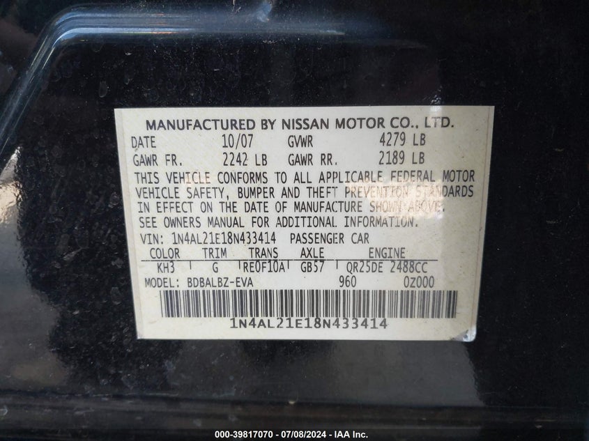 2008 Nissan Altima 2.5 S VIN: 1N4AL21E18N433414 Lot: 39817070