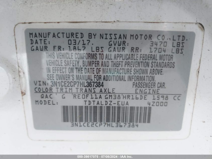 2017 Nissan Versa Note S/S Plus/Sv/Sl/Sr VIN: 3N1CE2CP7HL367384 Lot: 39817075