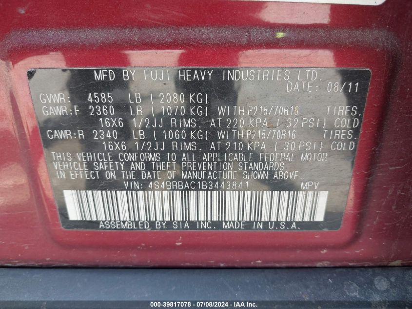 2011 Subaru Outback 2.5I VIN: 4S4BRBAC1B3443841 Lot: 39817078