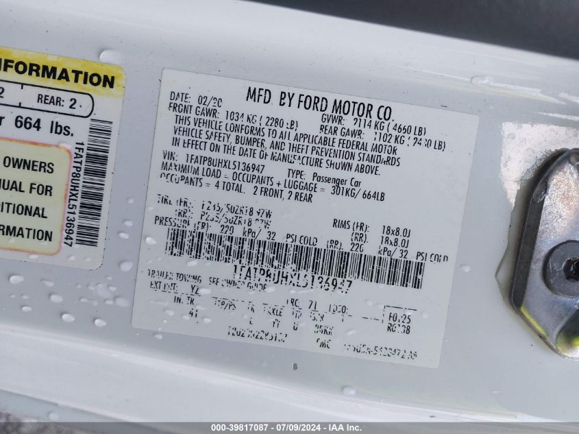 2020 Ford Mustang VIN: 1FATP8UHXL5136947 Lot: 39817087
