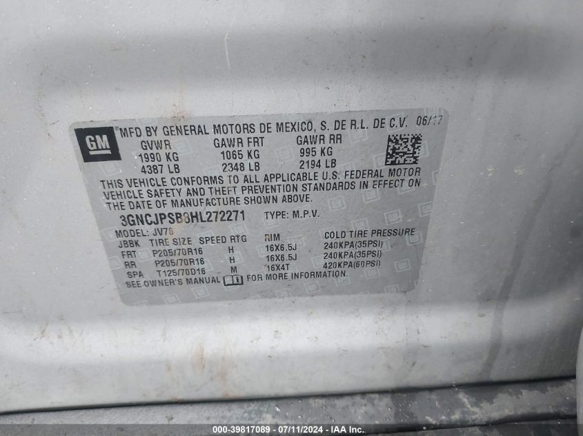 2017 Chevrolet Trax Lt VIN: 3GNCJPSB8HL272271 Lot: 39817089