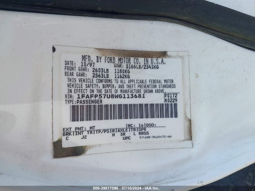 1998 Ford Taurus Se VIN: 1FAFP57U8WG113681 Lot: 39817096