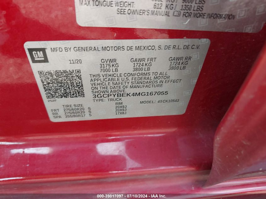 2021 Chevrolet Silverado 1500 Custom VIN: 3GCPYBEK4MG167055 Lot: 39817097